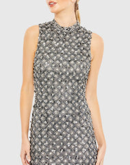 Gray Embellished High Neck Sleeveless Sheath Dress