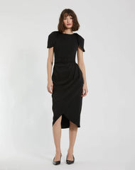 Black Crepe Boat Neck Midi Tulip Dress With Belt