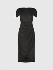 Black Crepe Boat Neck Midi Tulip Dress With Belt
