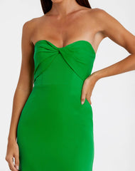 Green Crepe Strapless Twist Top Fitted Midi Dress