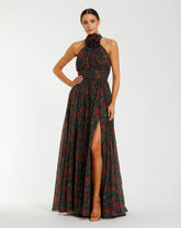 Black Floral Print Halter Neck Gown with Rosette Detail