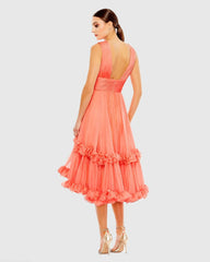 Orange V-Neck Sleeveless Tiered Ruffle Midi Dress