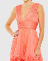 Orange V-Neck Sleeveless Tiered Ruffle Midi Dress