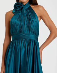 Teal Pleated Charmeuse High Neck Sleeveless Midi Dress