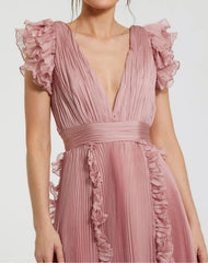 Pink Pleated Chiffon V Neck Ruffle Midi Dress