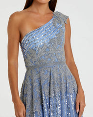 Blue Beaded Embellished One Shoulder A Line Gown