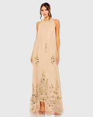 Beige High Neck Floral Embellished Trapeze Gown
