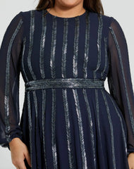 Navy Long Sheer Sleeve Sequin Dress (Plus)