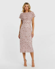 Pink Cap Sleeve Sheath Midi Dress With Floral Beading