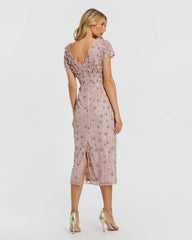 Pink Cap Sleeve Sheath Midi Dress With Floral Beading