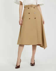 Beige Twill Midi Skirt With Buttons