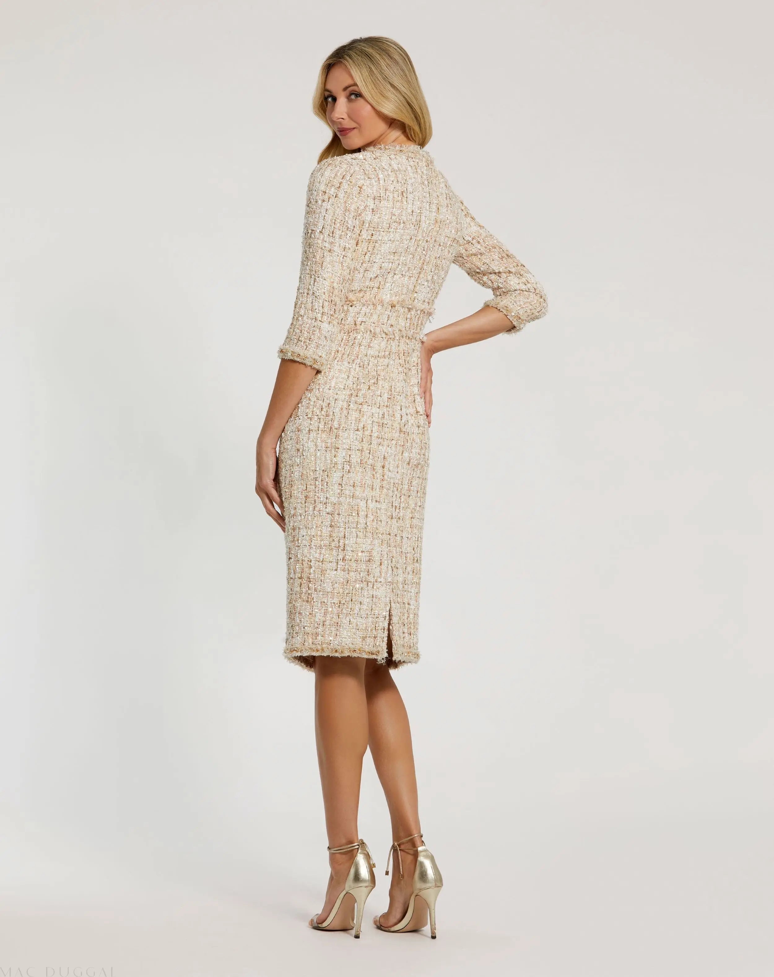 Beige 3/4 Sleeve Beaded Trim Patch Pocket Tweed Midi Dress