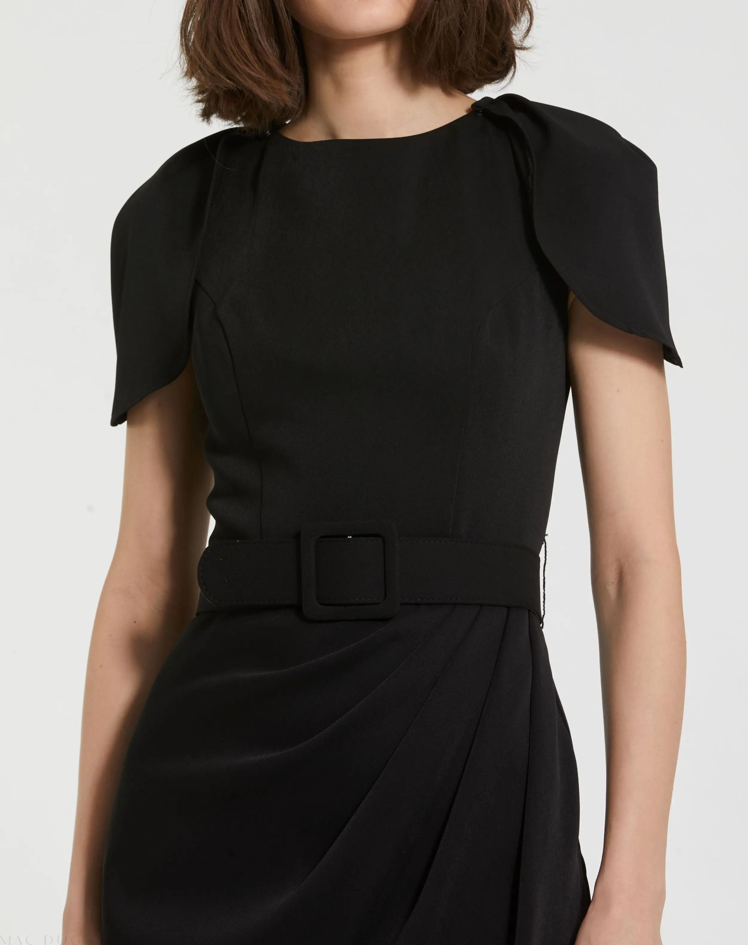 Black Crepe Boat Neck Midi Tulip Dress With Belt