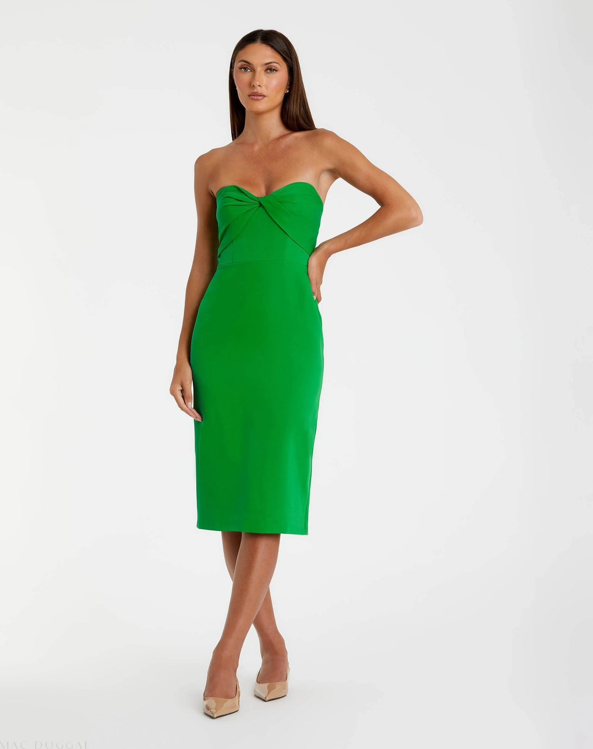 Green Crepe Strapless Twist Top Fitted Midi Dress
