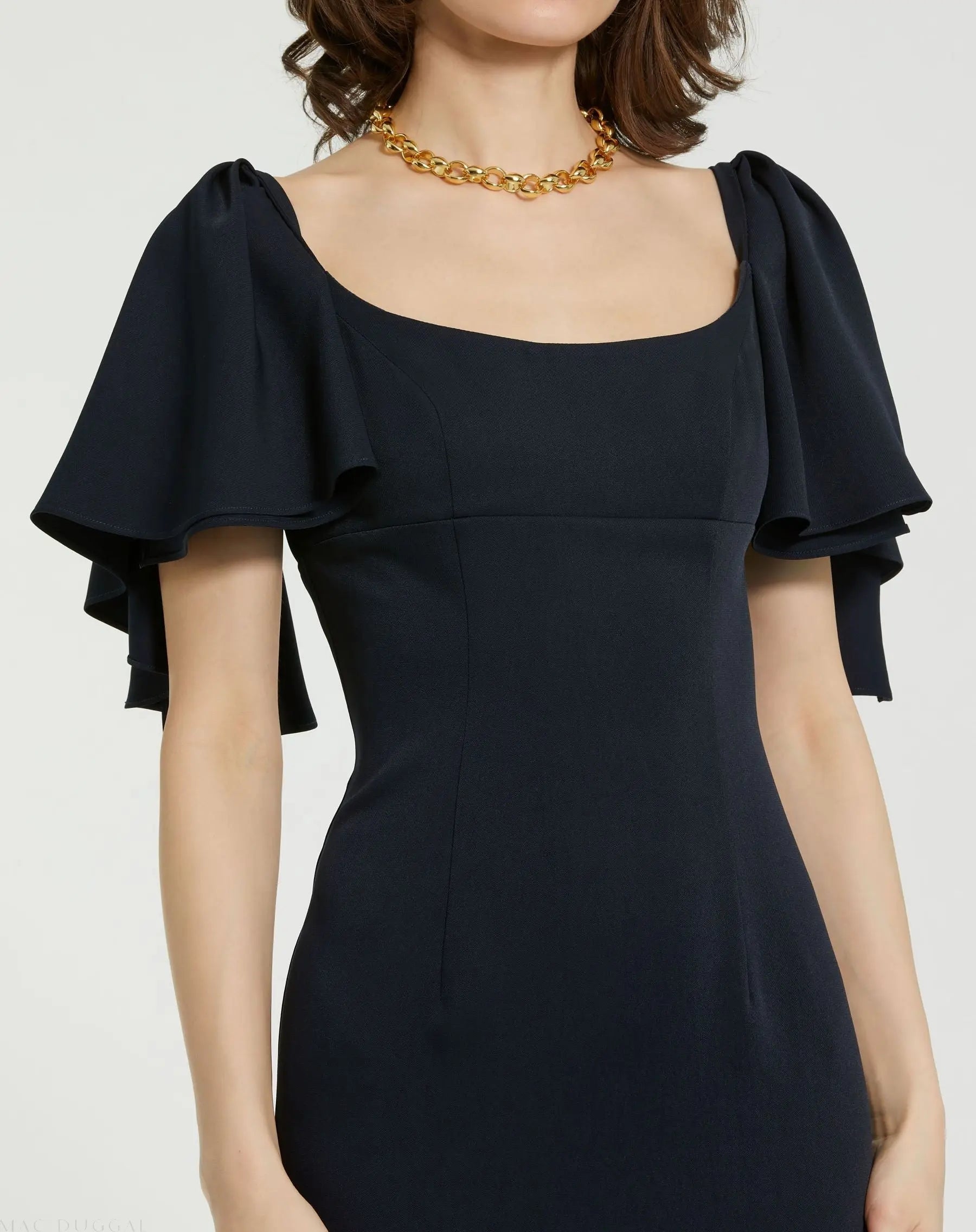 Navy Crepe Fitted Column Dress With Short Ruffle Sleeves - FINAL SALE