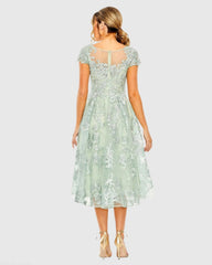 Green Embroidered Cap Sleeve A Line Dress