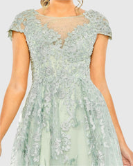 Green Embroidered Cap Sleeve A Line Dress