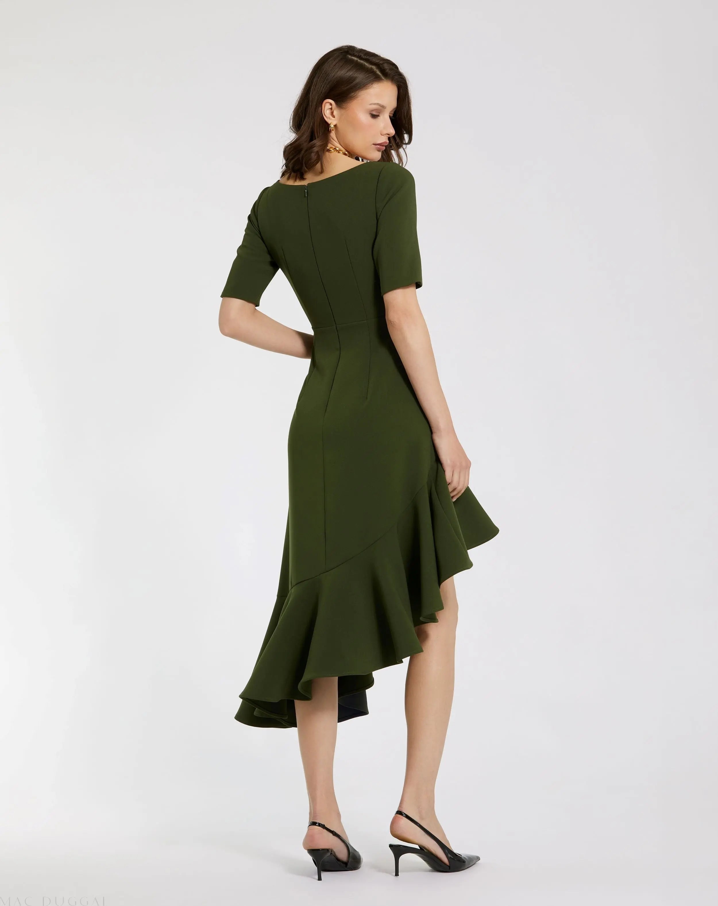 Green Crepe 3/4 Sleeve Asymmetrical Hem Dress - FINAL SALE