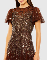 Brown High Neck Flutter Sleeve Beaded Dress