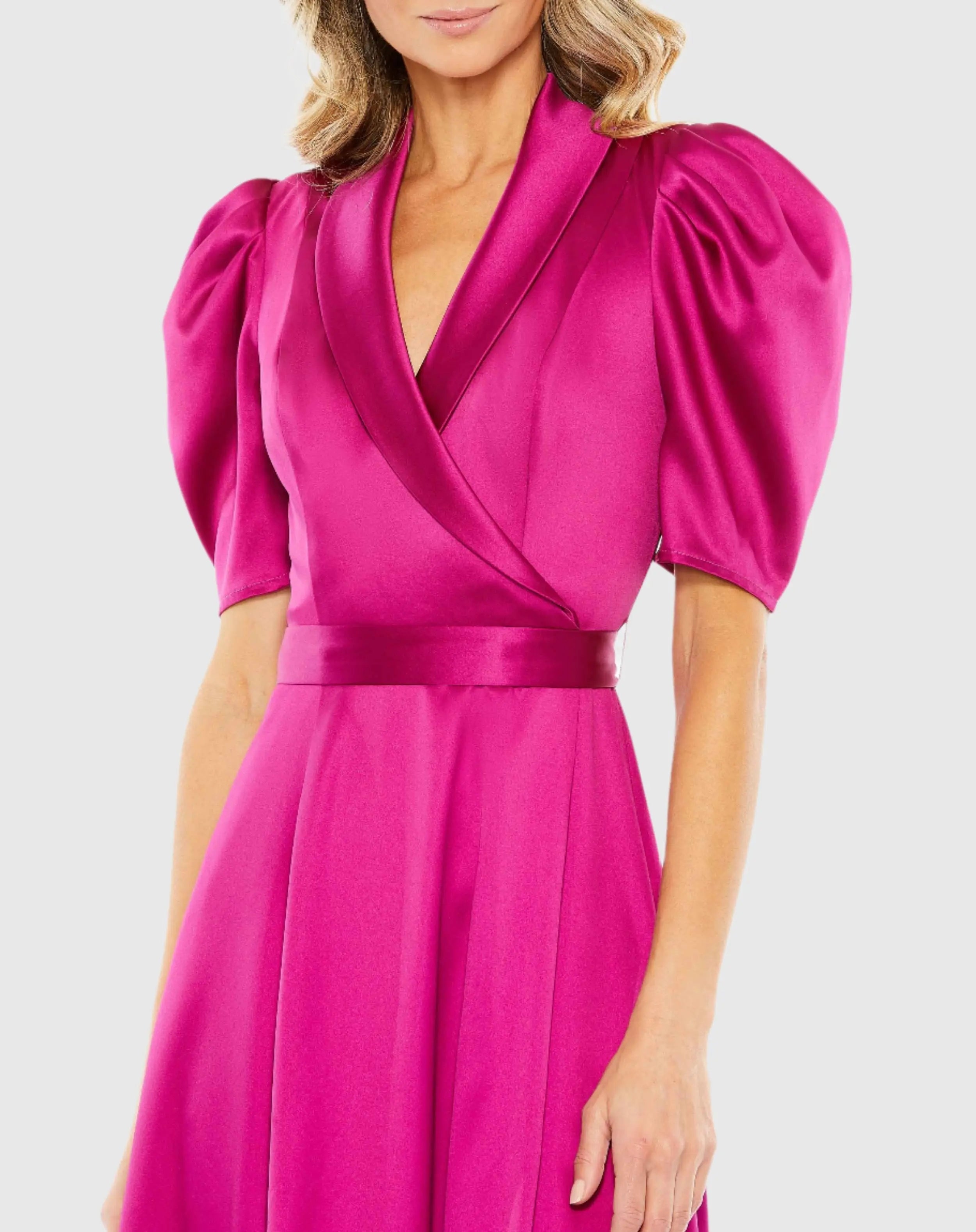Pink Satin Lapel Puff Sleeve Tea Length Dress
