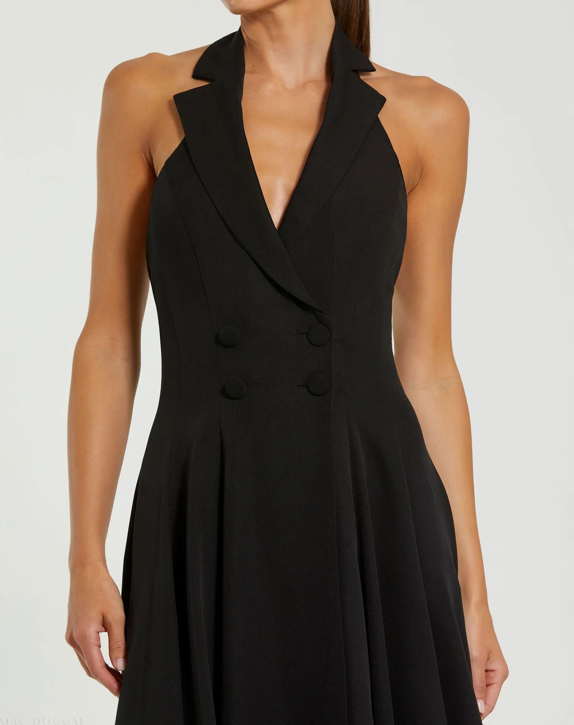 Black Crepe Sleeveless Blazer Halter Midi Dress
