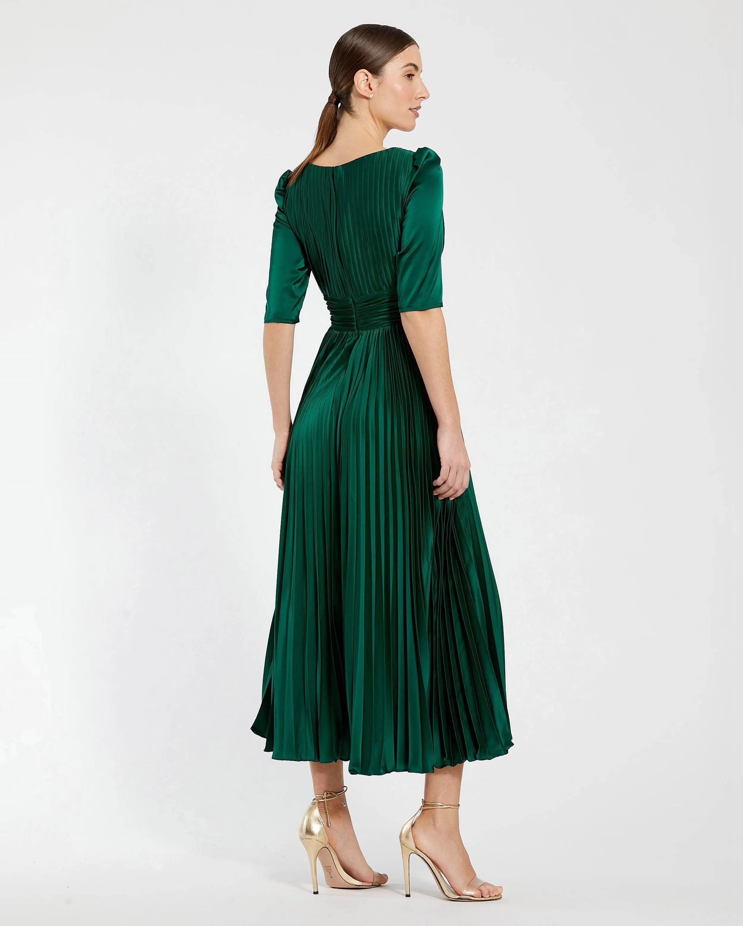 Green Quarter Sleeve V Neck Heat Pleated Dress