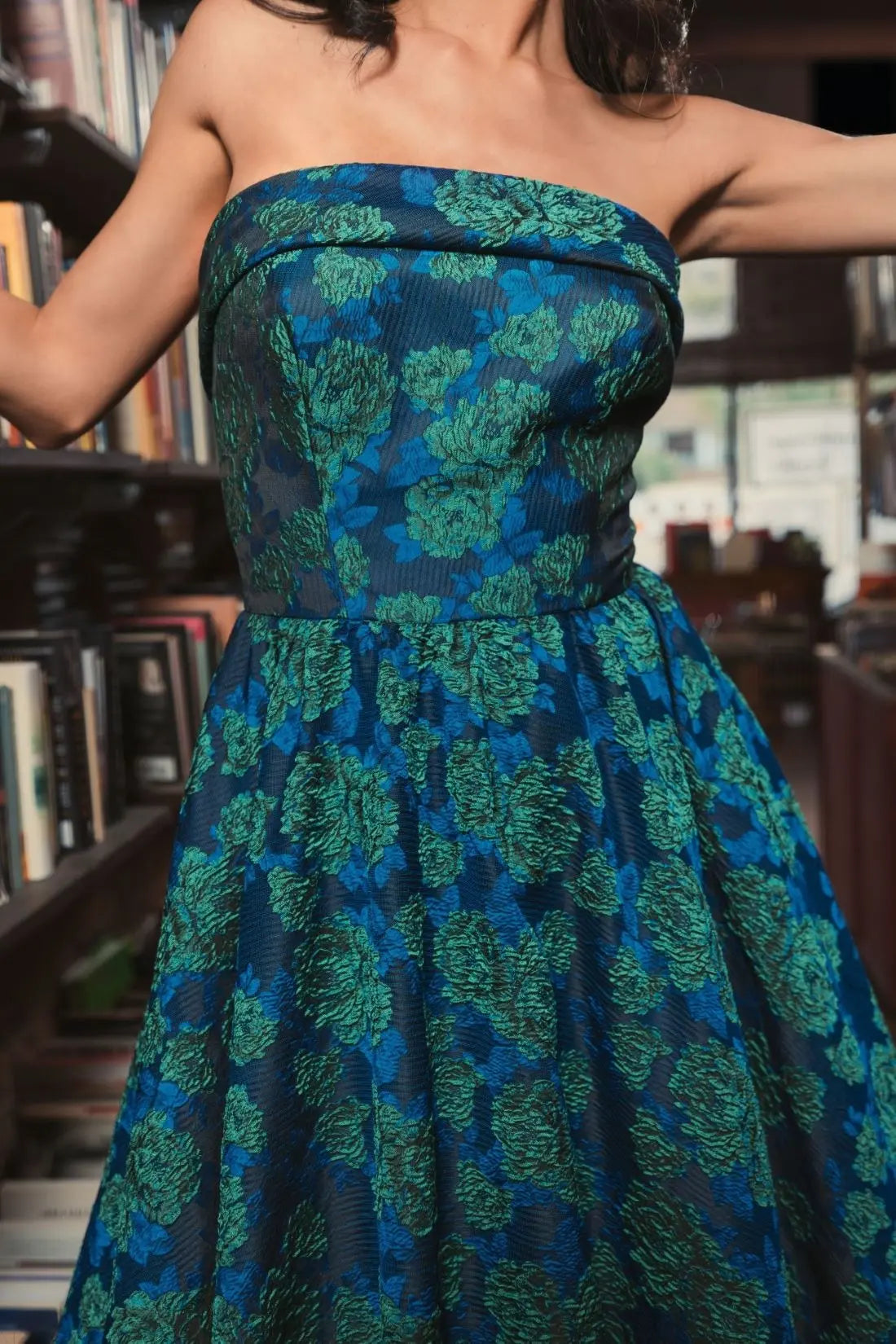 Blue and Green Brocade Strapless A Line Midi Dress
