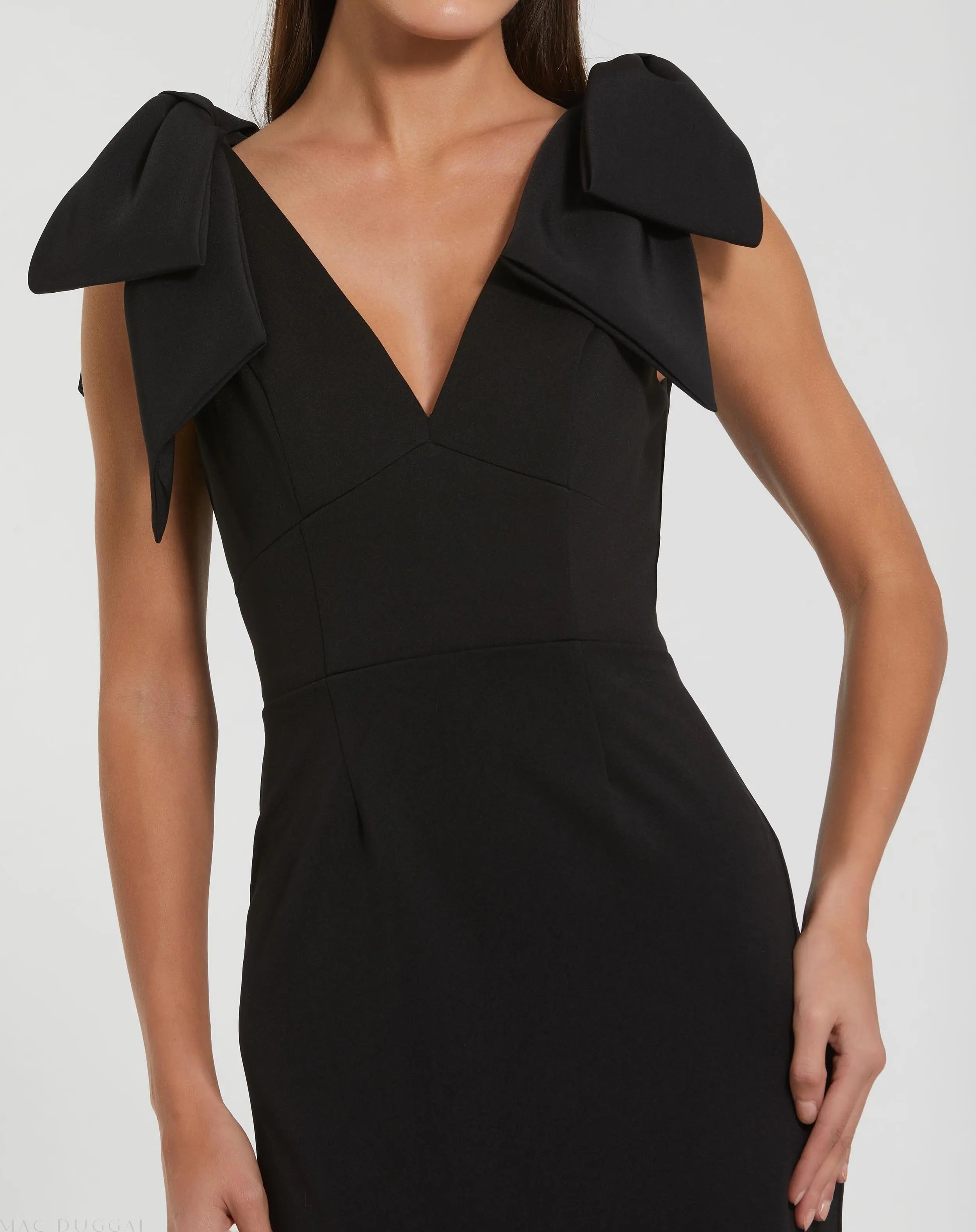 Black Bow Strap Crepe Fitted Midi Dress