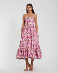 Pink Floral Brocade Strapless A Line Midi Dress