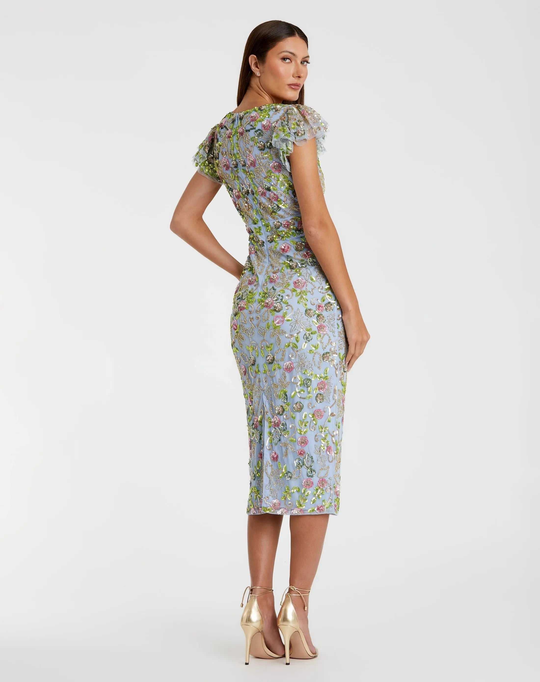 Blue Floral Sequin Embellished Flutter Cap Sleeve Dress