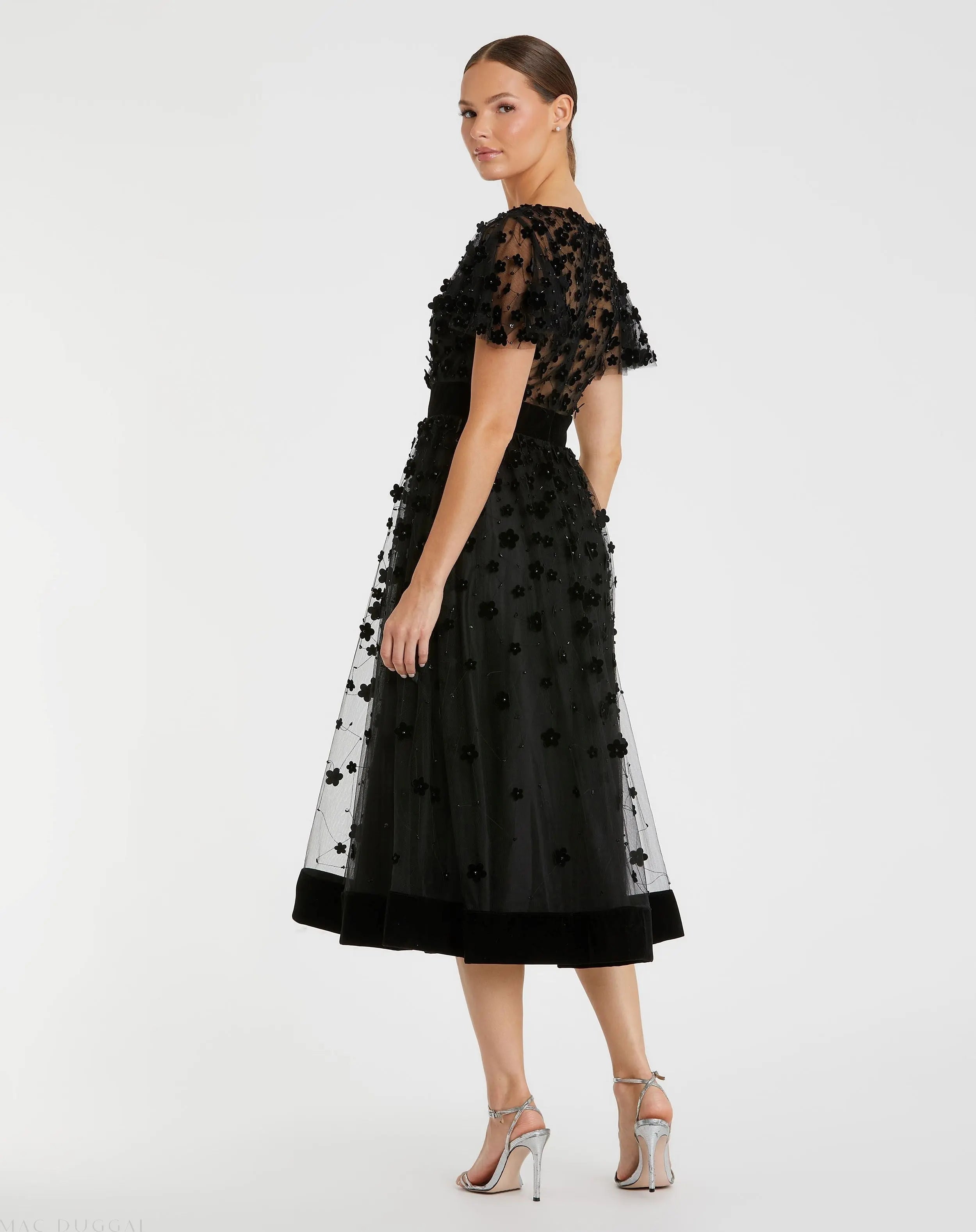 Black Embellished Butterfly Sleeve Velvet Hem Midi Dress