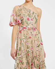 Pink One Shoulder Lace Embroidered Dress