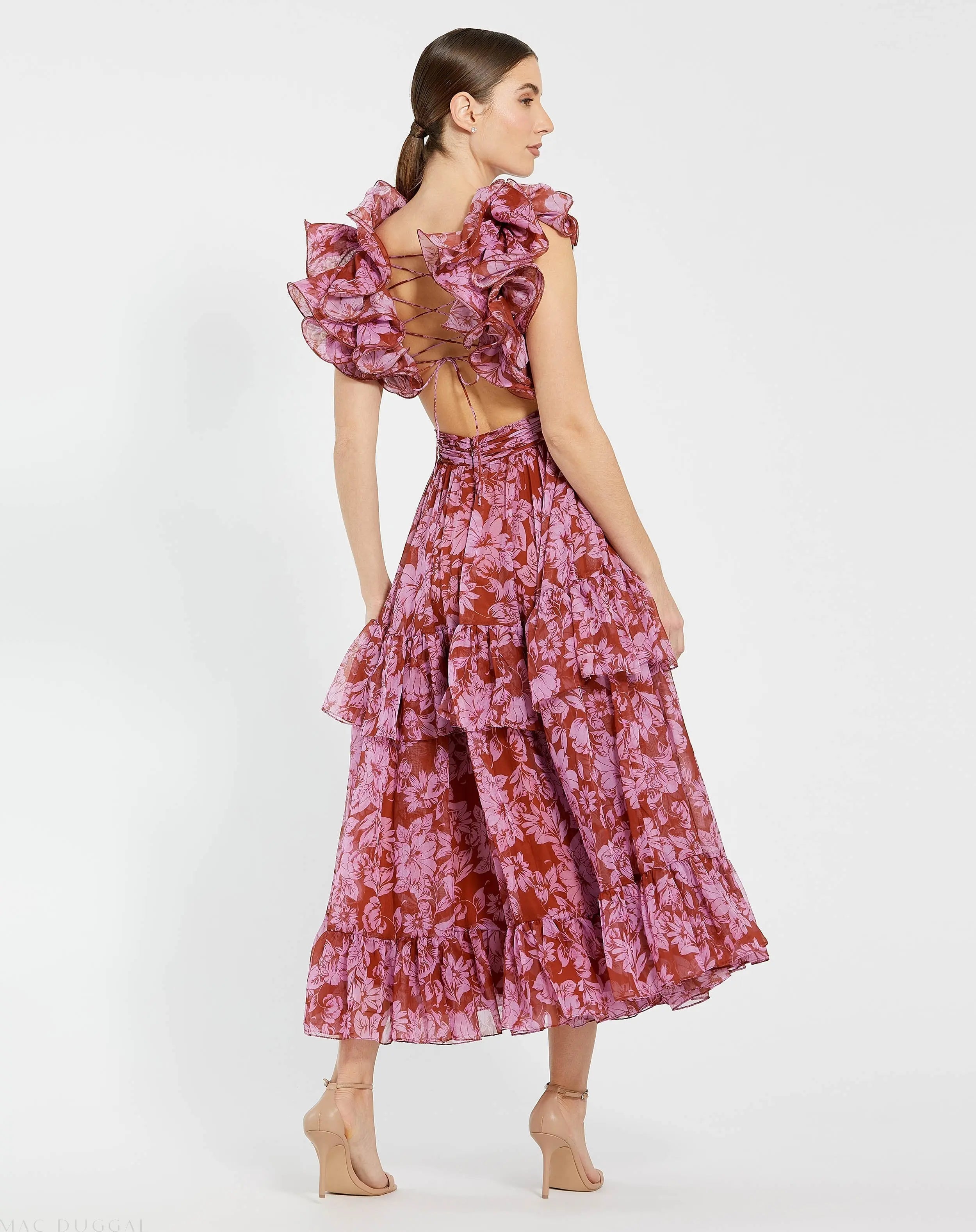 Red and Pink Ruffle Tiered Cut-Out Chiffon Midi Dress