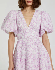 Multicolor Embroidered Floral Puff Sleeve Midi Dress