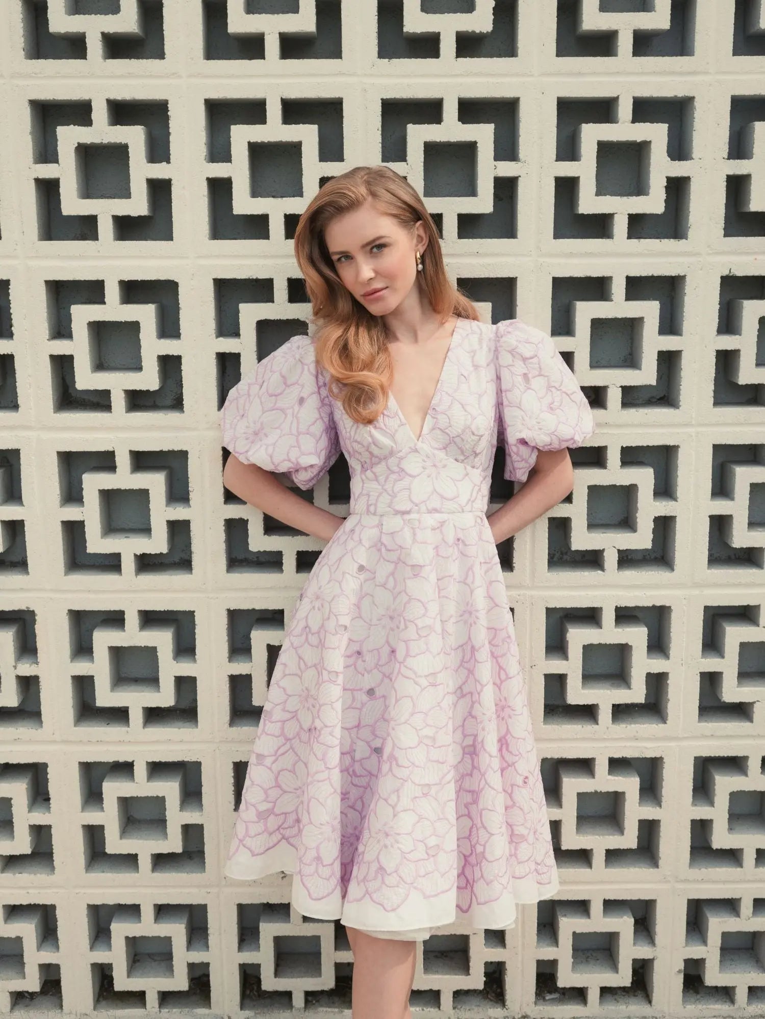 Multicolor Embroidered Floral Puff Sleeve Midi Dress