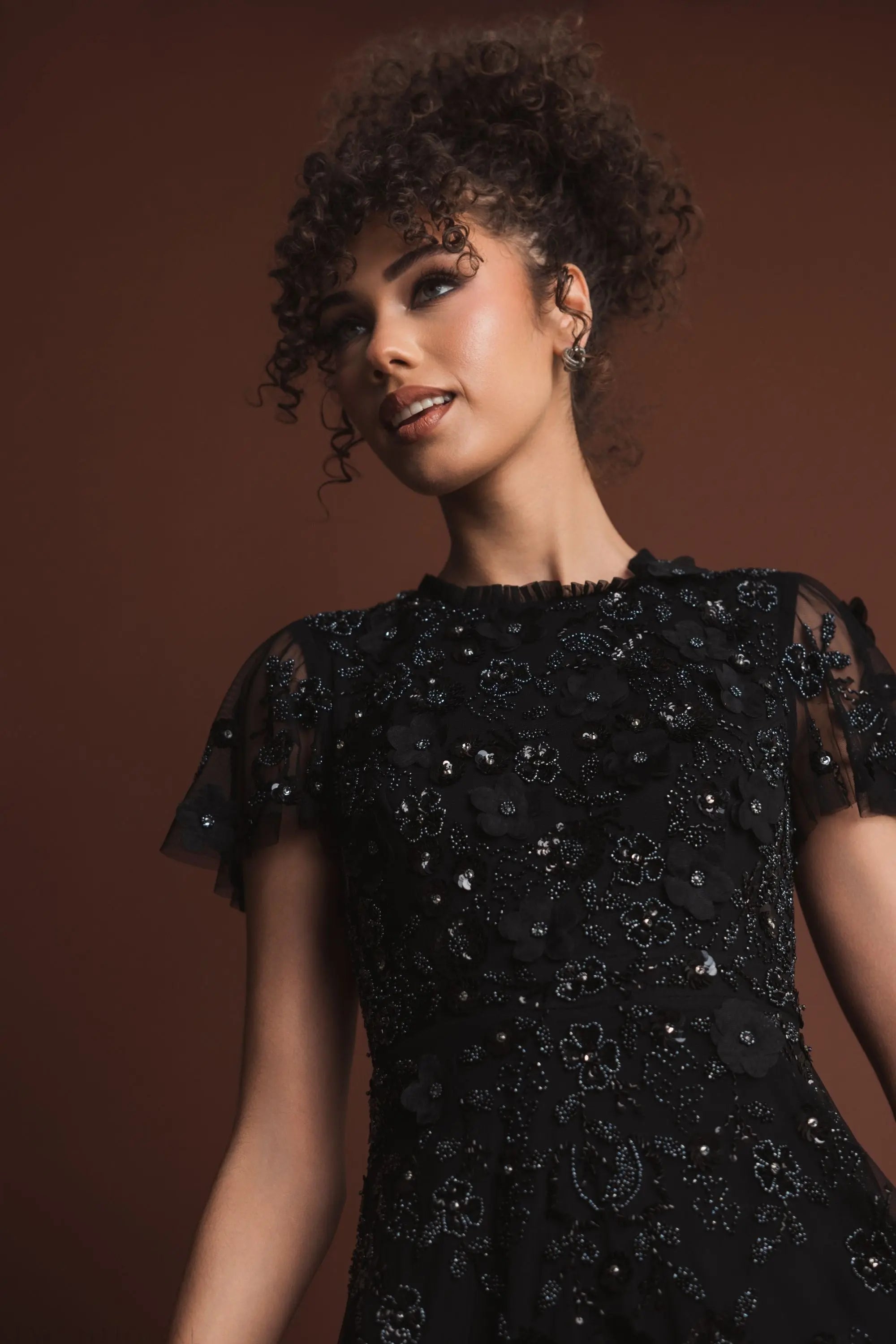 Black Embellished High Neck Flutter Sleeve A Line Dress