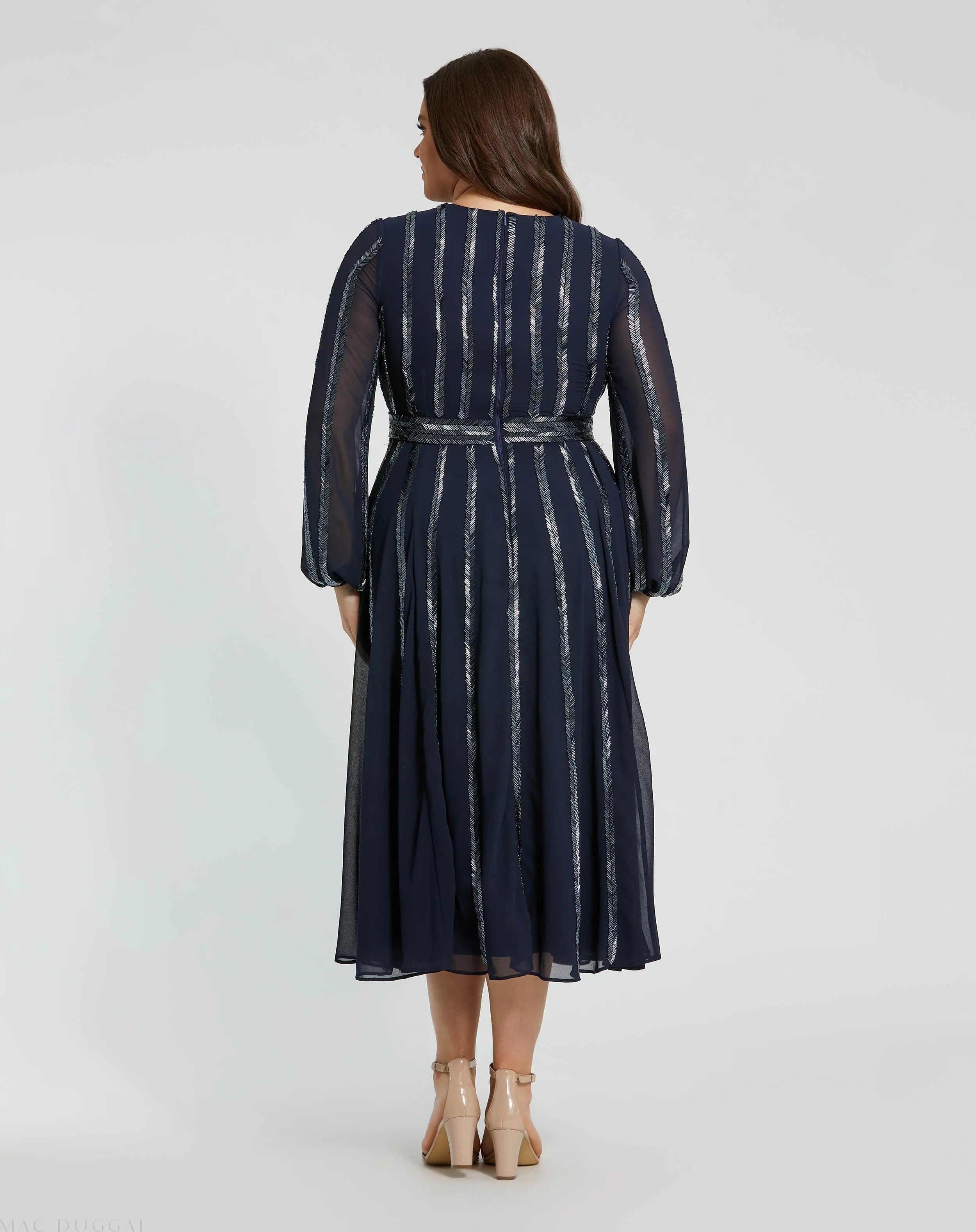 Navy Long Sheer Sleeve Sequin Dress (Plus)