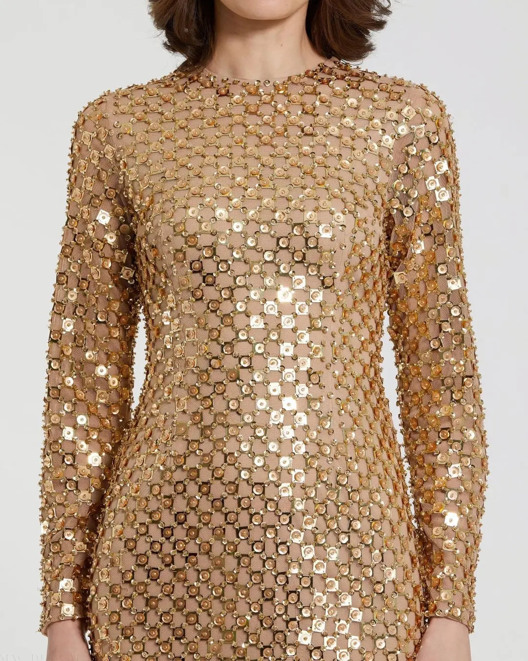 Gold Beaded Georgette Long Sleeve Fitted Midi Dress