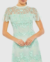 Green Embroidered Ruffled Cap Sleeve Midi Dress