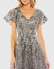 Gray Embellished Butterfly Fit and Flare Tea-Length Dress