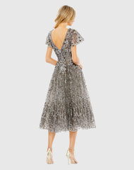 Gray Embellished Butterfly Fit and Flare Tea-Length Dress