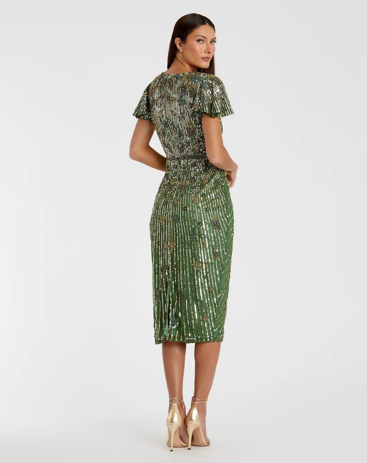 Green Embellished Faux Wrap Flutter Sleeve Dress