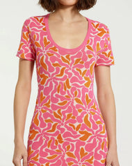 Pink Short Sleeve Scoop Neck Floral Knit Maxi Dress