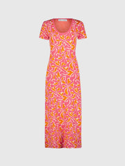 Pink Short Sleeve Scoop Neck Floral Knit Maxi Dress
