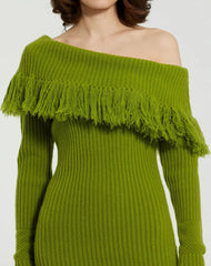 Green Off The Shoulder Fringe Long Sleeve Knit Dress