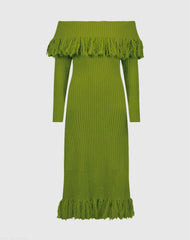 Green Off The Shoulder Fringe Long Sleeve Knit Dress