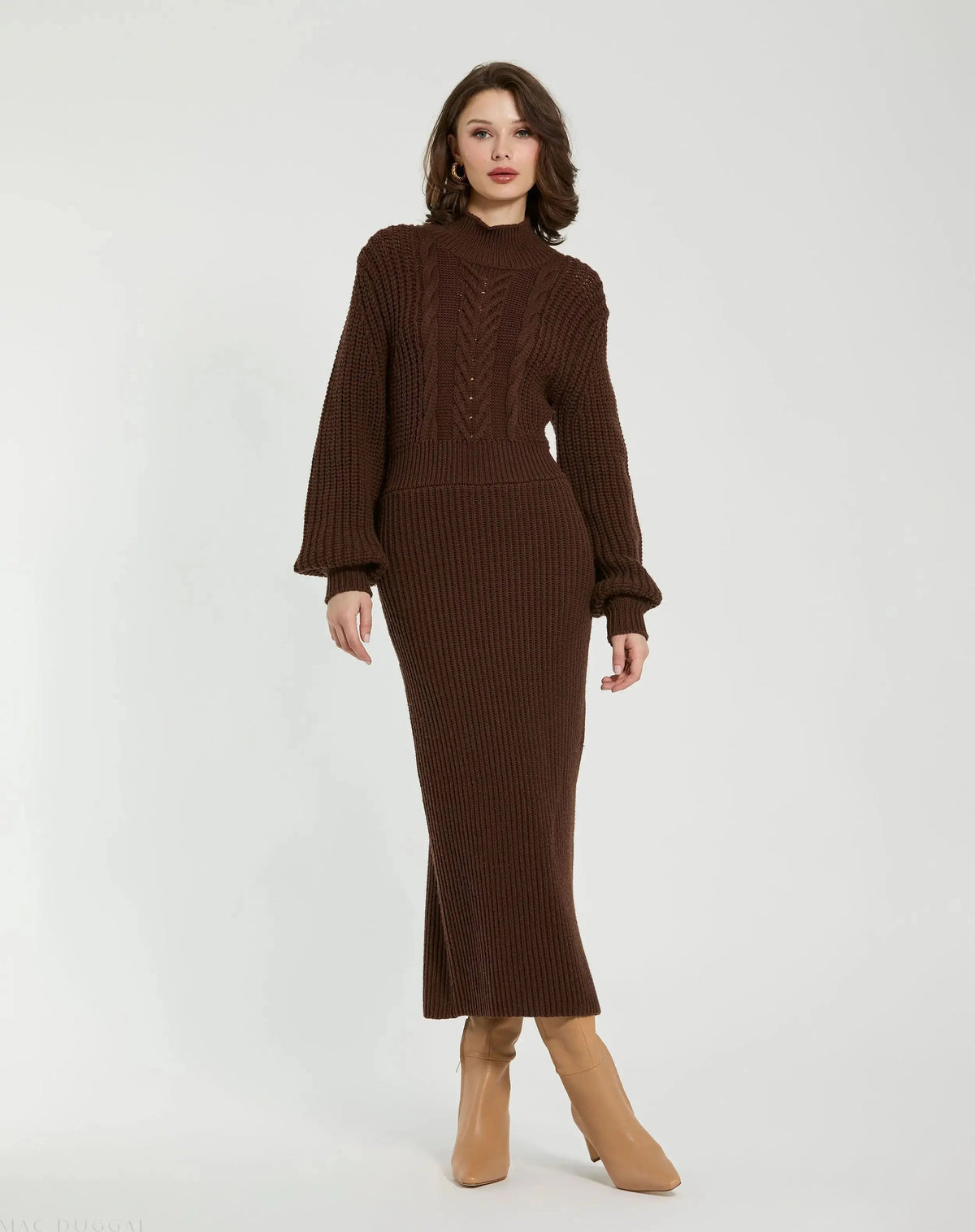 Brown Long Sleeve Turtle Neck Knit Midi Dress