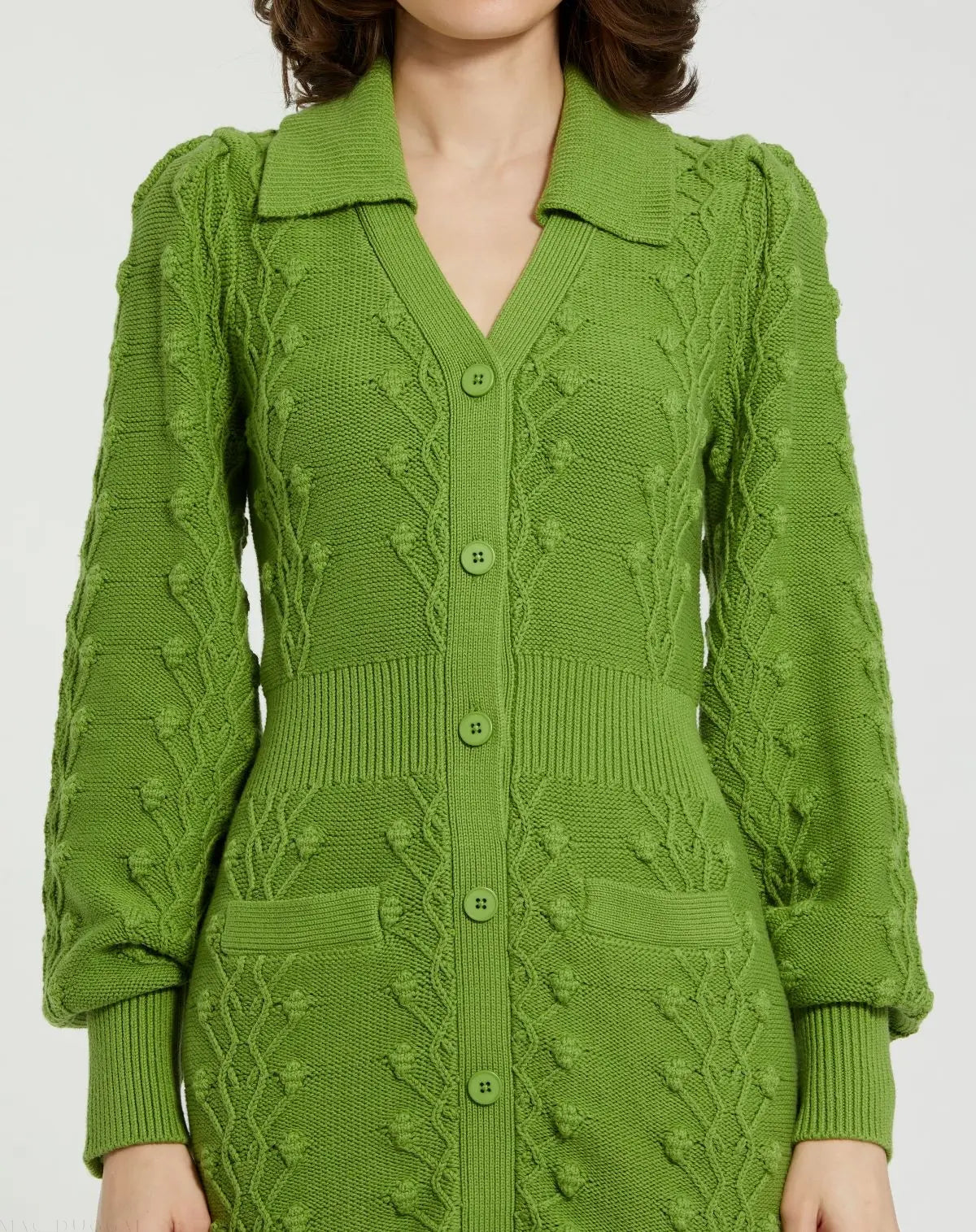 Green Long Sleeve Button Up Collared Bobble Knit Sweater Dress