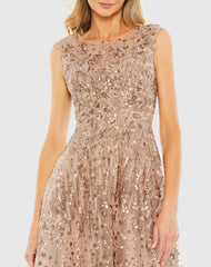 Gold Sequined Cap Sleeve Fit and Flare Dress