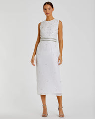 White Sleeveless High Neck Beaded Midi Sheath Dress